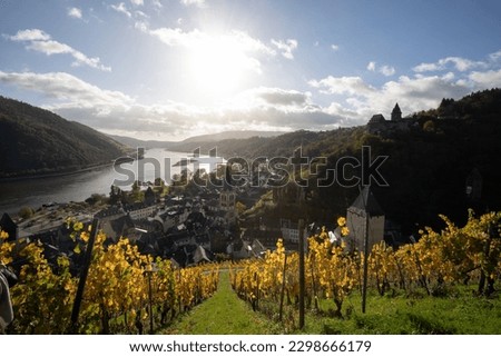 Bacharach antenna with panoramic view. Bacharach is a small town in the Rhine Valley in autumn in the vineyards in Rhineland-Palatinate, great fall colors, Germany