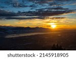 Bachtel Tower located at Zurich Oberland during Winter sunset time. Top view from Panorama view over lake of Zurich