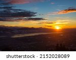 Bachtel Tower located at Zurich Oberland during Winter sunset time. Top view from Panorama view over lake of Zurich. High quality photo