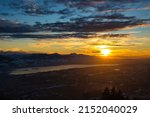 Bachtel Tower located at Zurich Oberland during Winter sunset time. Top view from Panorama view over lake of Zurich. High quality photo
