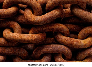 Bacjgrounds and textures: links of very old weathered rusty chain, close up shot, industrial abstract