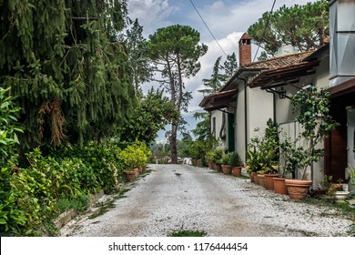 Back Alley Of A Winery In Tuscany, Italy. Rows Of Terra Cotta Pots Along The Tuscan Style Home. 