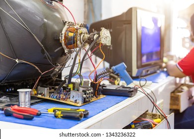 Back Of Analog Television CRT, Circuit Board, Tv Repair On The Work Table Close Up