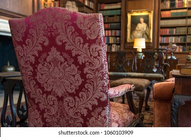 Back Of Antique Fabric Chair, Indoor Home With Library