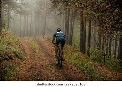 back athlete cyclist riding mountain bike on forest trail. misty and mysterious woodland. cross-country cycling race - Powered by Shutterstock