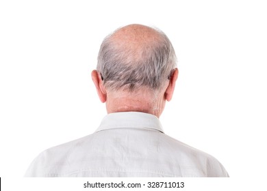 Back of the bald head of old man in shirt. Back view. Isolated on a white background.