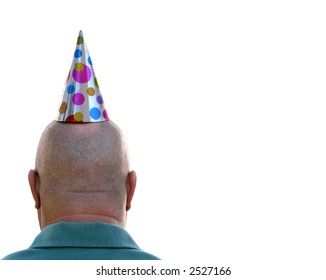 Back of a bald headed mad with a birthday hat, isolated on white.