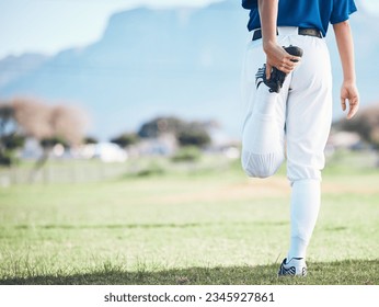 Back, baseball and athlete stretching legs at field outdoor in healthy body exercise. Warm up, hands and person prepare in sports training, wellness workout and fitness to start softball mockup space - Powered by Shutterstock