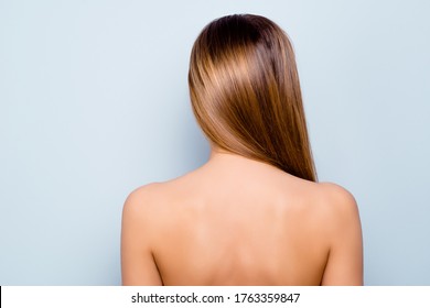 Back Behind Rear Closeup View Photo Of Pretty Gorgeous Long-haired Cute Showing Silky Shiny Perfect Skin Of Back Hair On Shoulder Wearing Nothing Isolated On Grey Background