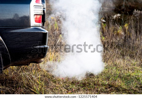 The back of the black car with the\
emission of smoke from the exhaust pipe on the background of\
nature. The concept of environmental pollution by\
vehicles.