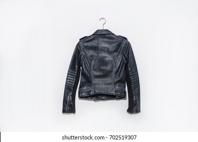 Back Of Black Leather Punk Jacket Hanging