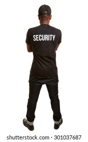 Back Of Black Man From Security Firm With Shirt And Basecap