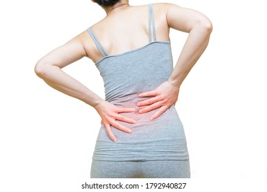 Back Body Of The Woman Put Her Hands On Back Or Waist Area Mark Red At Spot Of Ache, Backpain Health-care Concept Isolated On White Background