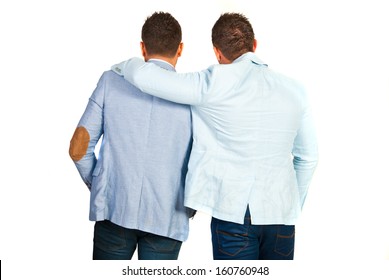 Back Of Business Man Friends Standing In Embrace Isolated On White Background