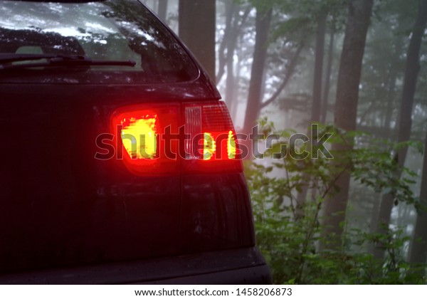 the back car\
light, rear fog and brake lights on the car on the early foggy.\
morning. bad conditions for\
driving