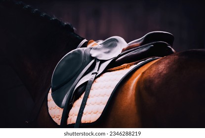 The back of a chestnut horse adorned with a saddle and saddle cloth. The equipment and attire involved in equestrian sports. Horseback riding, proper gear and accessories in the sport of riding.