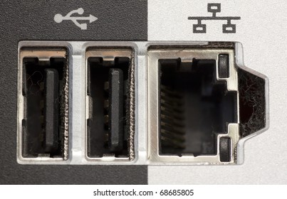 Back Of Computer With USB And Network Input Output Port