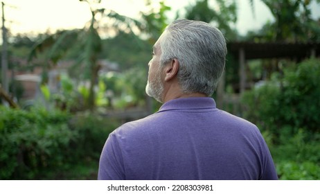 Back Of Contemplative Senior Man Walking Forward In Nature. Pensive Older Person Walks Outdoors In Contemplation