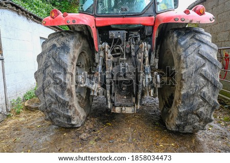 The back end of a tractor showing the power take of point and 3 point linkage,