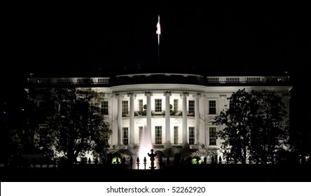 Back Facade Of The White House At Night