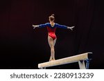 back female gymnast athlete balancing on balance beam gymnastics, sports summer games 