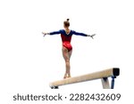 back female gymnast athlete balancing on balance beam gymnastics on white background, sports in summer games