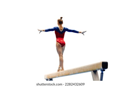 back female gymnast athlete balancing on balance beam gymnastics on white background, sports in summer games - Powered by Shutterstock