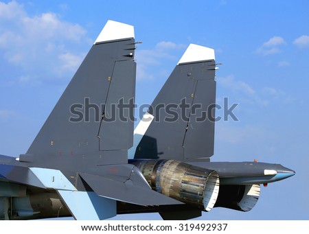 Back of the fighter with the adjustable jet nozzle with thrust vector control