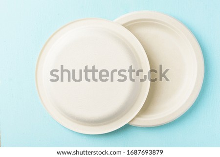Back and front of Biodegradable plate, Compostable plate or Eco friendly disposable plate on pastel color background