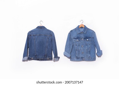 Back And Front Blue Denim Jean Jacket Isolated On Hanging