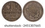 Back and front side of obsolete used coin. French coin of 10 Francs Mathieu year 1978 , Composition Copper-Aluminium-Nickel. on white background.