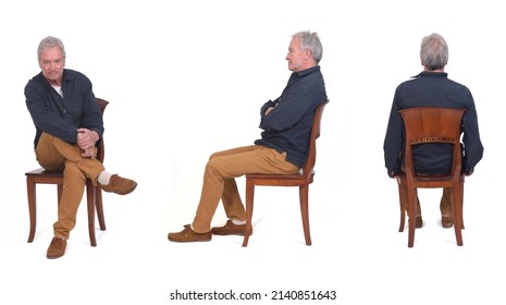 back, front and side view of same men sitting on chair on white background - Shutterstock ID 2140851643