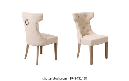 Back And Front View Of Beige Wingback Tufted Dining Chair On White Background