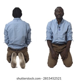 back and front view of  same man sitting on his knees on white background