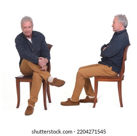 Back And Front View Of Same Men Sitting On Chair On White Background