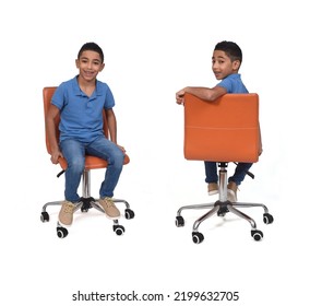 Back And Front Wiev Of Same Teen Sitting On Chair Over White Background