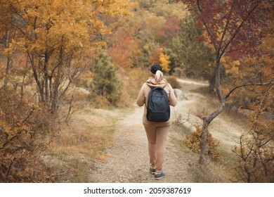 Back Full Body View Portrait Of Caucasian Plus Size Woman 30-35 Years Old With Backpack In Beige Sportswear Walking In Woods On Vacations. Healthy And Wellness Lifestyle Concept. People From Behind.