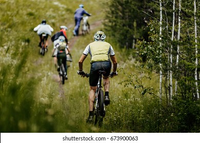 Back Group Men Cyclist Mountain Bike Trails