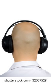 Back Of Head Of Bald Man With Headphones Isolated On White With Clipping Path