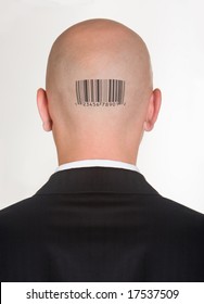 MaleÃ¢Â?Â?s back of head with printed barcode on it