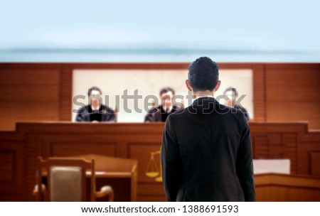 back of lawyer talking to attorney in courtroom . The legal adjustment trail justice concept. Lawyer is famous occupation of high performance in political judgment in human relation rule in seriously.
