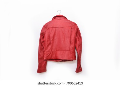 Back Of Leather Red Jacket Isolated On Hanging
