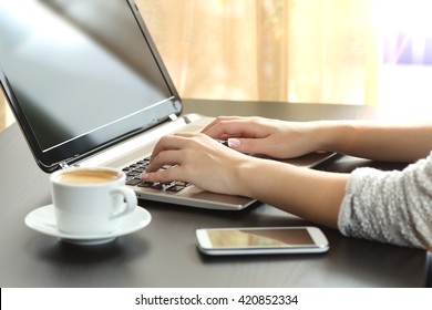 Back light close up of a lady hands typing in a laptop working sitting in a desk at home or office with a window in the background