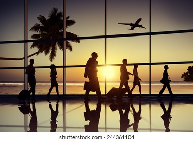 Back Lit Business People Traveling Airplane Airport Concept