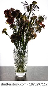 Back Lit Crystal Flower Vase With Bunch Of Flowers Sitting In Water And Softly Silhouetted