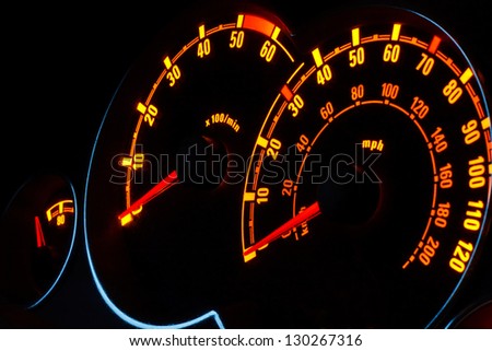 Back lit Speedometer and rev counter dashboard dials illuminated at night in automobile