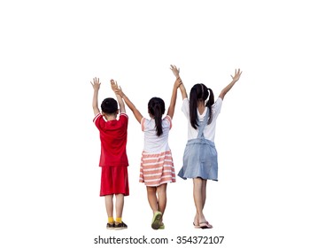 Back Of  Little Girls And One Boy  With  Hand Up On White Background 