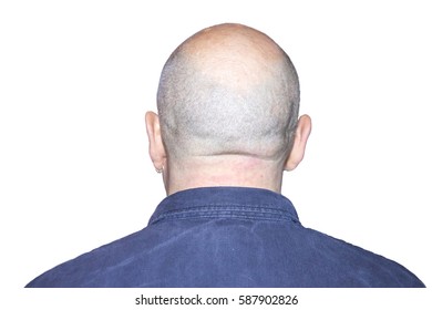 Back of man with bald head and earring in ear isolated on white background