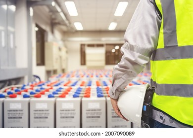 Back Man Engineer In Battery Room In Power Plant For Back Up Emergency Case