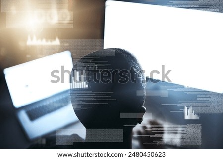 Back, man, overlay and computer screen as hacker on fraud or cloning for credit card, information and data. Coding, cybersecurity and cybercrime in internet or online banking and install virus